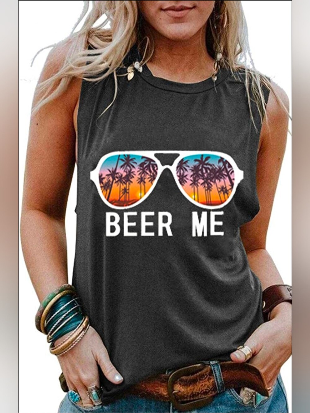 Cotton Blend Sleeveless Graphic Tank Top 'Beer Me' L